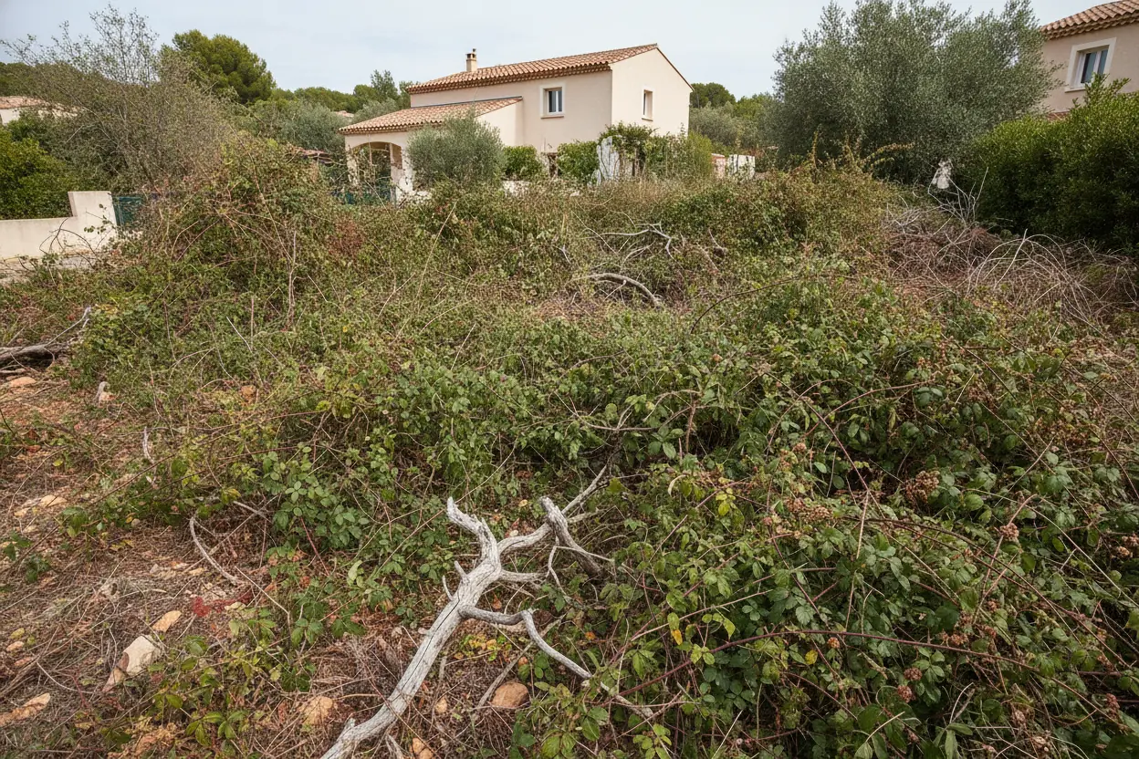 Terrain en pente débroussaillé à Costebelle, avant l’intervention à Hyères