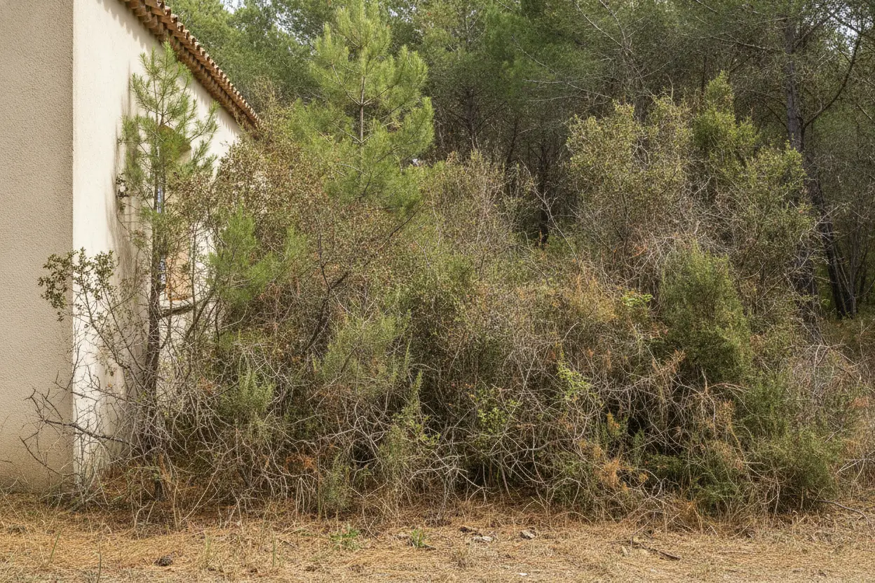 Débroussaillement réglementaire autour d'une maison boisée, avant l’intervention à Hyères