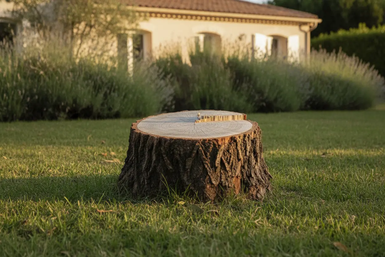 Souche rognée au ras du sol dans un jardin hyérois, avant l’intervention à Hyères