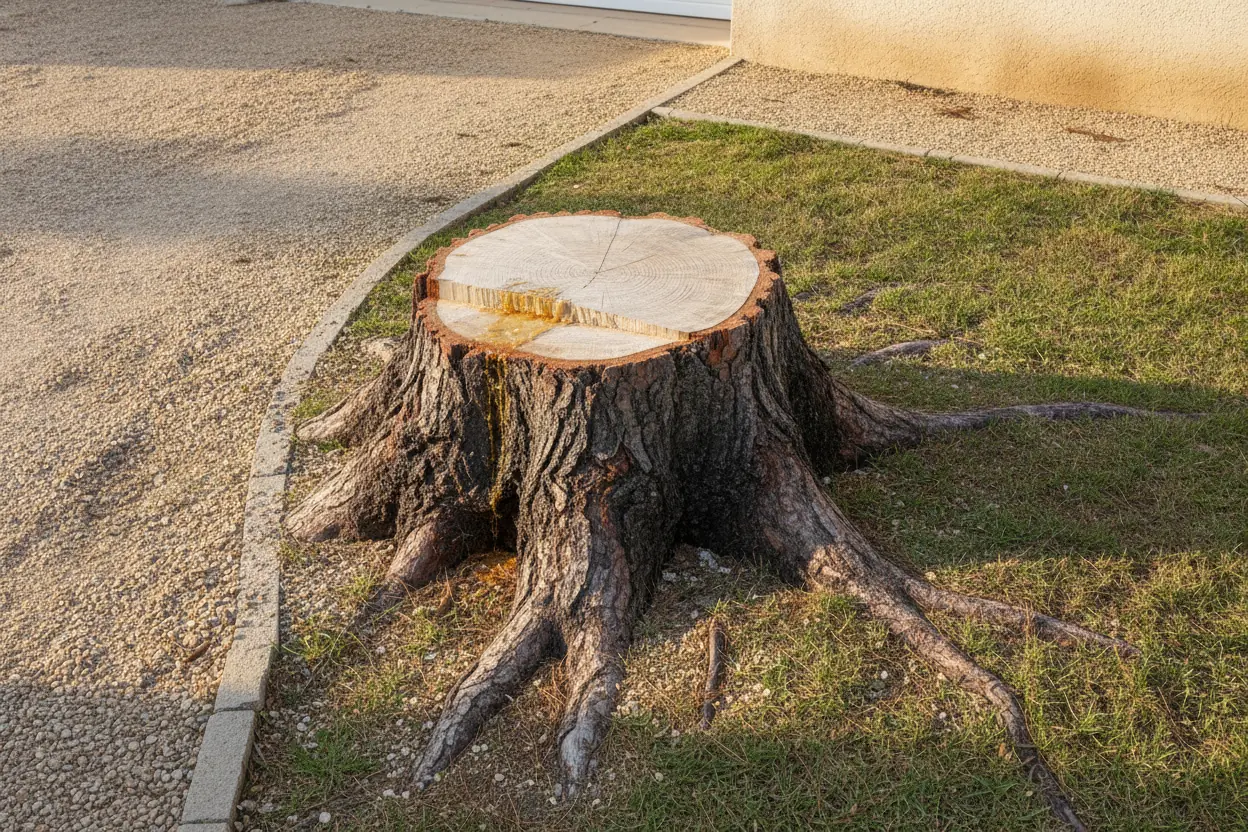 Souche de pin retirée le long d'une allée gravier, avant l’intervention à Hyères