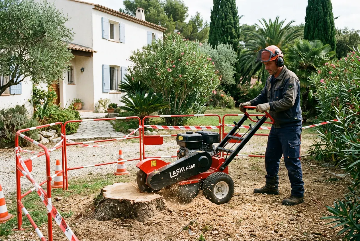 Rognage de souche après abattage à La Crau