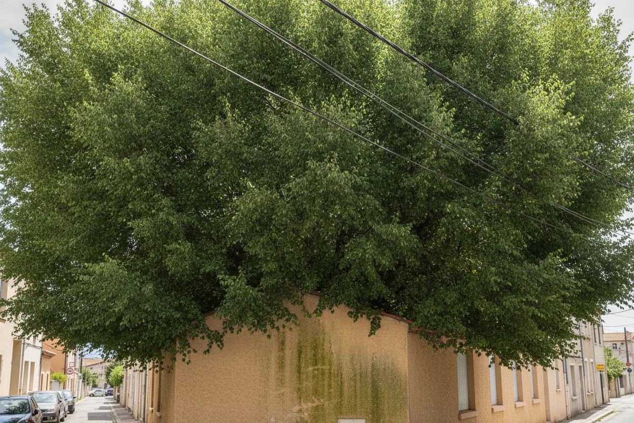 Couronne d'un micocoulier réduite près d'une façade, avant l’intervention à Hyères