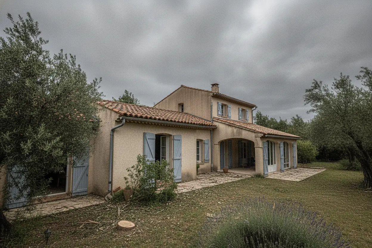 Arbre penché sur une toiture sécurisé après la tempête, après l’intervention à Hyères