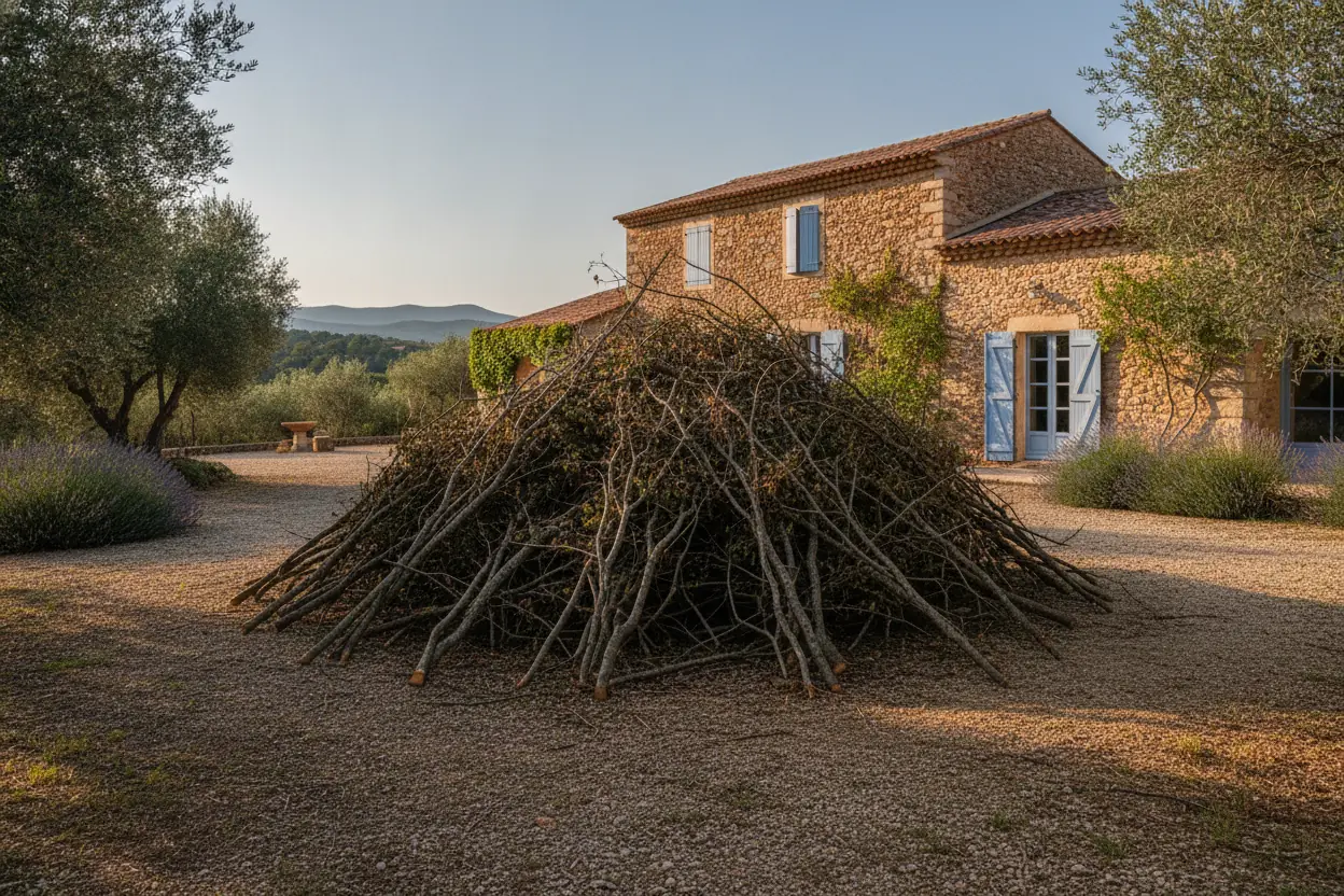 Branches broyées et jardin remis au propre, avant l’intervention à Hyères